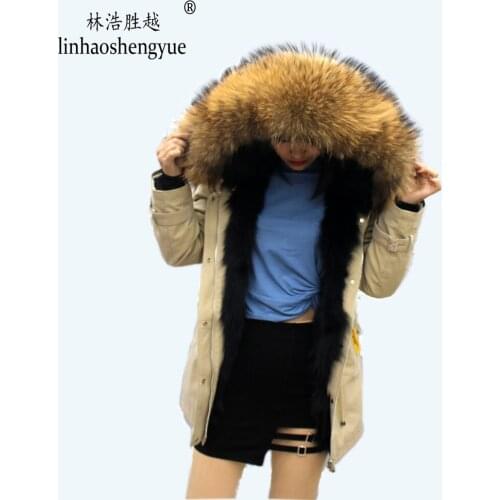 Linhaoshengyue Fashion Womens Parka Coat Real Raccoon Fur Cap Collar Fur Linink 90cm Long