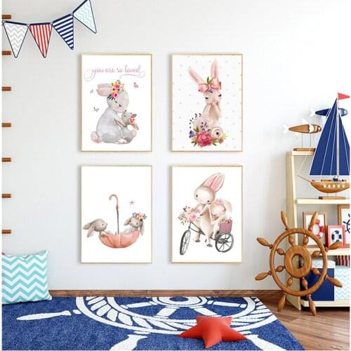Woodland Bunny Print Floral Boho Nursery Wall Art Rabbit Canvas Painting Posters Cute Cartoon Animal Kids Girls Bedroom Decor