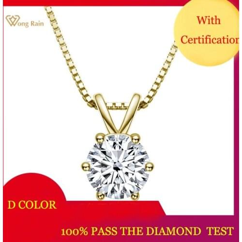 Wong Rain Classic 925 Sterling Silver Round Cut Created Moissanite Diamonds Gemstone Pendant Necklace Engagement Fine Jewelry