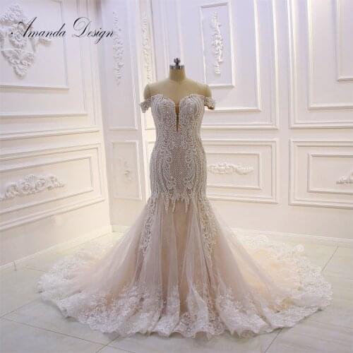 Amanda Design abiti da sposa Off The Shoulder Lace Applique Champagne Mermaid Wedding Dress