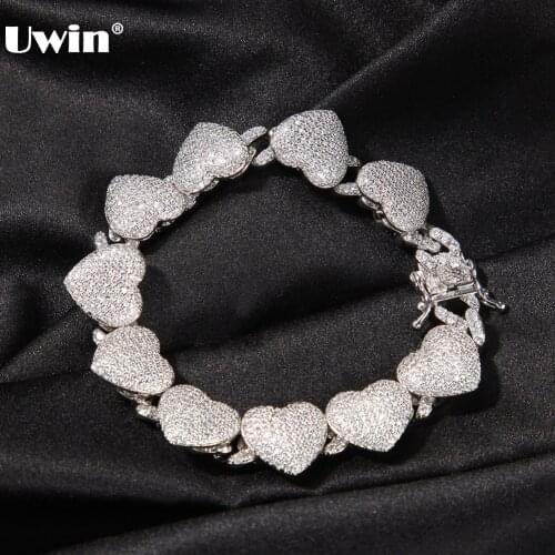 UWIN 15mm Cuban Chain Bracelet with CZ Heart Micro Paved Iced Out Cubic Zirconia Bracelets for Girls Luxury Accessories