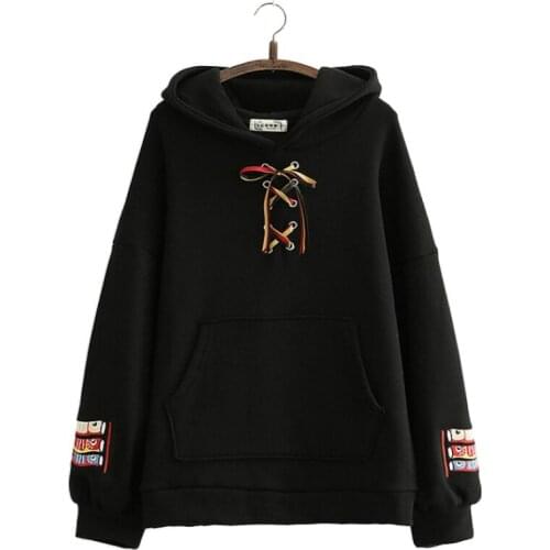 Fleece Harajuku Cartoon Embroidery Hooded Sweatshirt Women 2020 Winter Long Sleeve Criss Cross Lace Up Korean Female Pullover