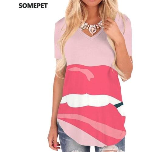 SOMEPET Lips T-shirt women Pink Tshirts Printed Sexy Shirt Print Romantic V-neck Tshirt Womens Clothing Punk Rock Casual Tops