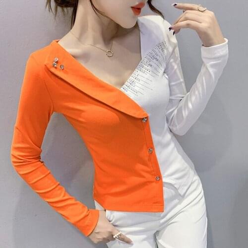 #8653 Autumn Spliced Color Long Sleeve T Shirt Women Square Collar Skinny T Shirt Femme Diamonds Korean Fashion Women T Shirt