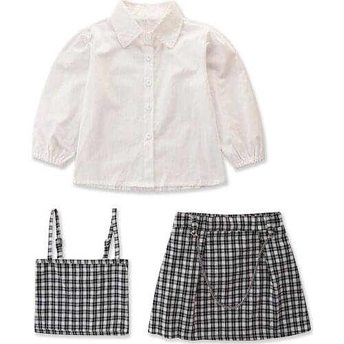 3Pcs Kids Summer Outfit, Solid Color Long Sleeve Shirt + Plaid Strappy Vest + Chain Skirt Suit for Girls, 1-6 Years