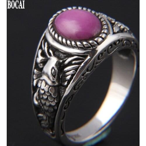BOCAI New Like fish in water Woman ring retro personality fashion rose flower carp S925 sterling silver jewelry