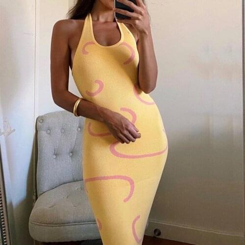Women Sexy Knitted Halter Neck Dress Fashion Bodycon Slim Fit Sleeveless Geometric Print Long Dress for Feamle Ladies