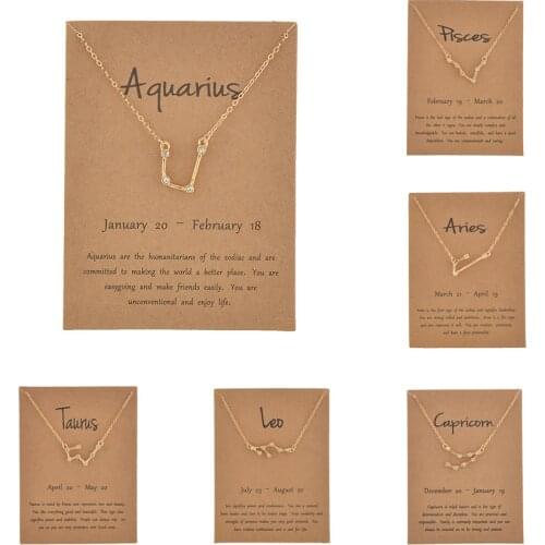 12 Constellation Necklaces Pendant Charm Zodiac Sign Crystal Choker Necklaces Women Friends Birthday Wish Card Jewelry Gift