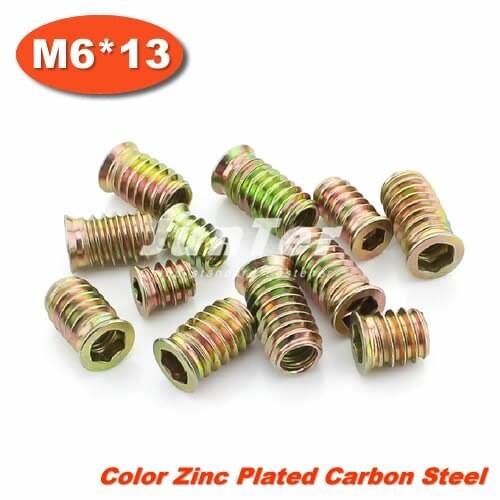 50pcs/lot M6*13 Furniture Hex Drive Head Nut Threaded Color Zinc Plated Carbon Steel For Wood Insert