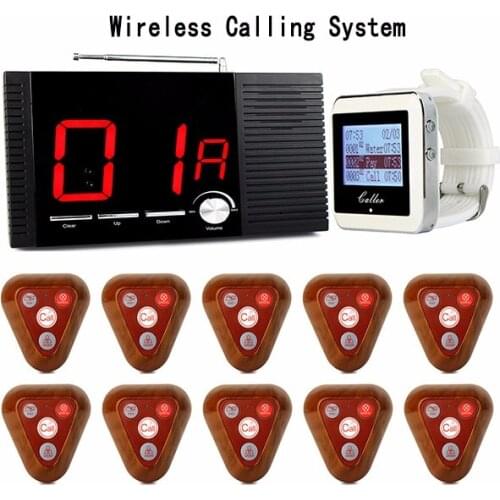 Wireless Restaurant Calling System 1pcs Receiver Host+1pcs Watch Wrist Receiver+10pcs Call Transmitter Button 433MHz