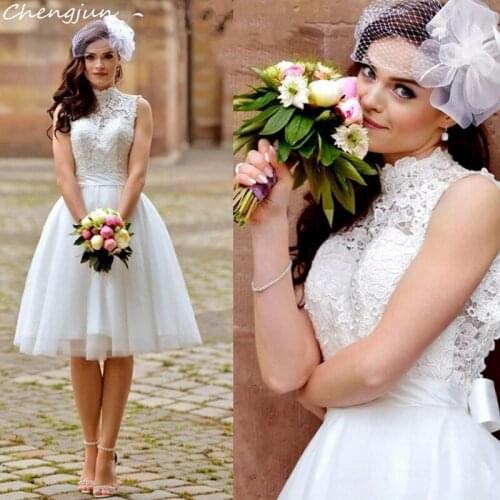 Chengjun High Collar Sleeveless Lace Open Back Knee Length Wedding Dresses