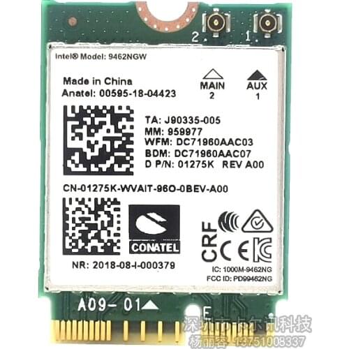 For Intel AC 9462 9462NGW 2.4G/5G Dual Band NGFF CNVI 802.11AC Wireless Wifi Network Card for Bluetooth 5.0 Laptop Windows 10