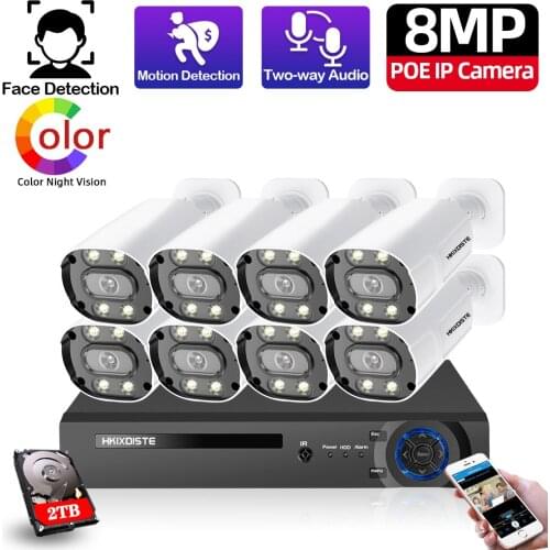 CCTV Security Camera Surveillance System Kit 8MP POE 4CH NVR Outdoor Two-way Audio Color Night Vision 5MP Bullet Camera Set P2P