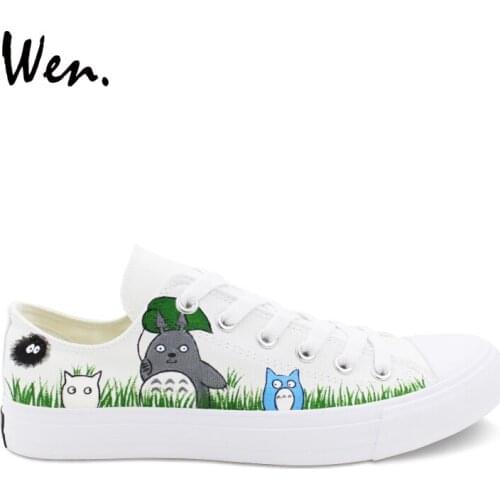 Wen Men Women Platform Sneakers Shallow Mouth Lace up My Neighbor Totoro Hand Painted Canvas Shoes Low Top Gym Trainer Plimsolls