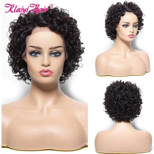 Klaiyi Hair Pixie Cut Wig Short Curly Wigs For Women Lace Front Human Hair Wigs Brazilian Remy Hair Wigs Natural Color