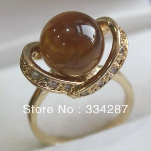 Beautiful yellow GP Natural Tiger 's eye stone Pearl 12MM Beads Womens Gift Fashion Jewelry Ring