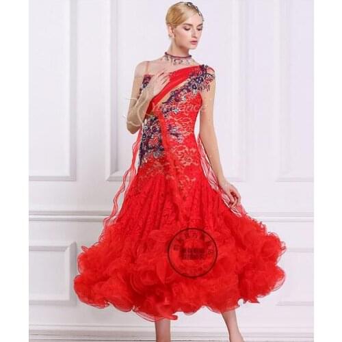 Red standard ballroom Waltz tango Fox trot Quick step lace Ballroom Modern competition Dress