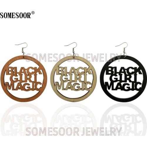 SOMESOOR 3 Colours Laser Engraving Black Girl Magic Natural Wood Dangle Drop Cute Unique DesignEarrings For Women Gifts