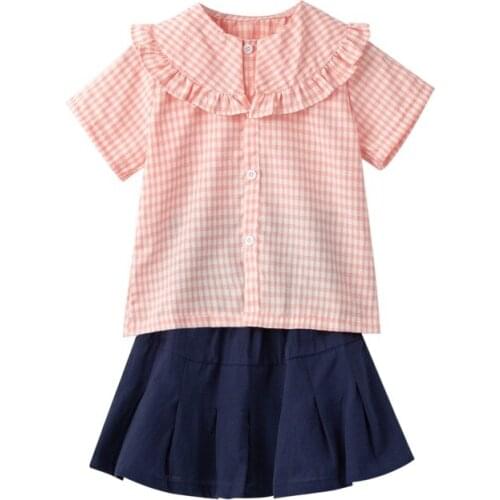 Summer Girl Set Pink Plaid Shirt + Skirt Suits for Kids Children Clothes Set