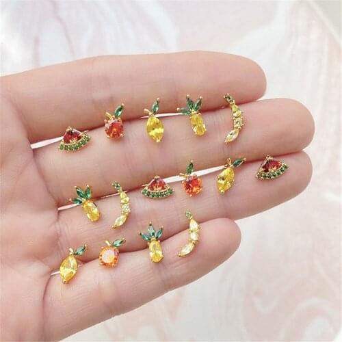 Summer Style Crystal Accessories Fruit Stud Earrings for Women Cute Cherry Pineapple Grapes Gift Small Earrings