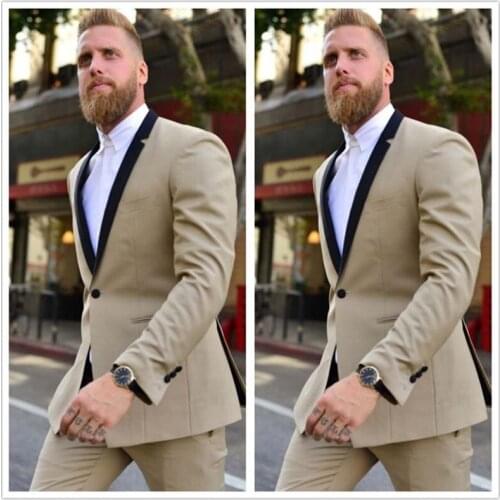 2019 Champagne One Button Groom men suit Tuxedos Blazer Wedding Prom Mens Suits Slim Fit Groomsman Wear Custom Made Two Pieces