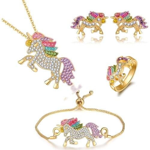 Fashion CZ Rainbow Unicorn Pendant Necklace Earrings Bracelet Ring Sets for Women Girls Metal Zircon Colorful Pony Jewelry Set