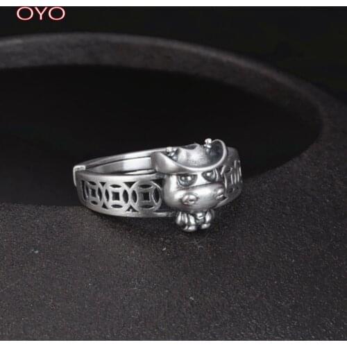 New S990 pure silver zodiac cowboy ring female retro personality cartoon natal coin sterling silver index finger ring