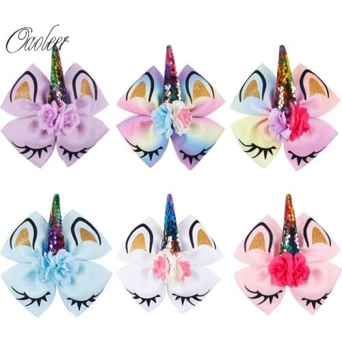 Oaoleer 6'' Cute Eyelash Sequin Unicorn Hair Bows for Girls Glitter Ears Hair Clips Flower Bows Barrettes Party Hair Accessories