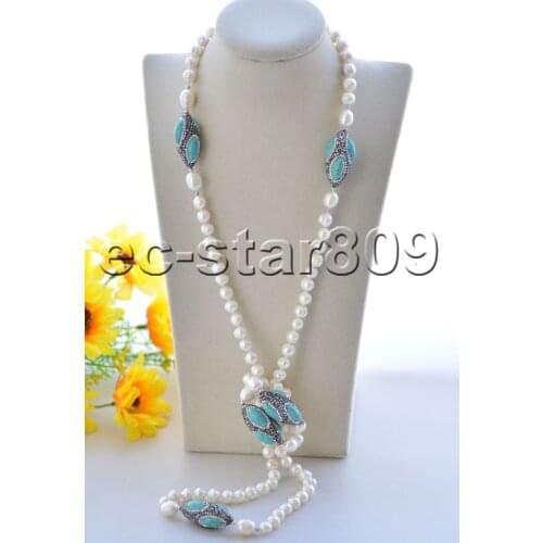 P7414 48"-100" White Round Freshwater Pearl Turquoise Shuttle CZ Necklace Choker