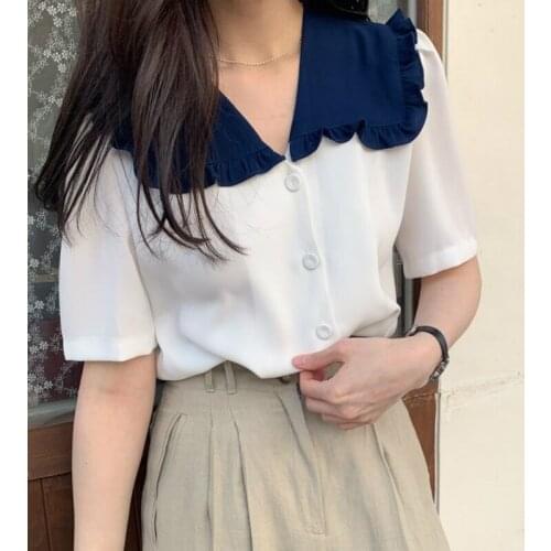 Shirts Women Short Sleeve Peter Pan Collar Blouses Sweet Shirt Ruffles Panelled Loose Single Breasted All-match Simple Blouses