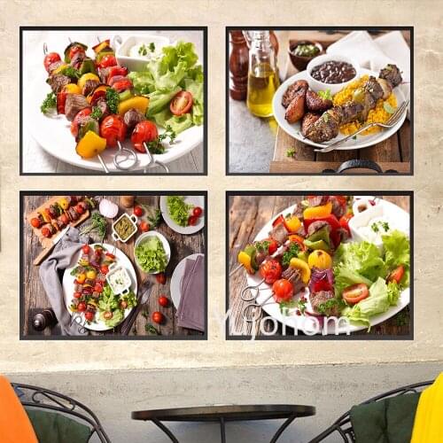 Spices And Beef Steak Fried Beef with Salad Artworks For Dinning Room Kitchen Wall Pictures Home Decor Poster HD Canvas Painting