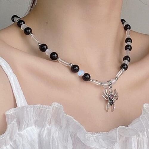 VSnow Hiphop Gothic Black Spider Round Beads Pendant Necklace for Women Girls Silver Color Metallic Rhinestone Necklace Jewelry