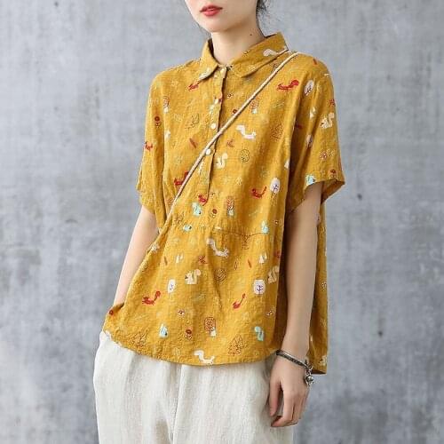 Women Loose Casual Cotton Linen Shirts New Arrival 2021 Summer Simple Style Cartoon Print Female Short Sleeve Tops S3626