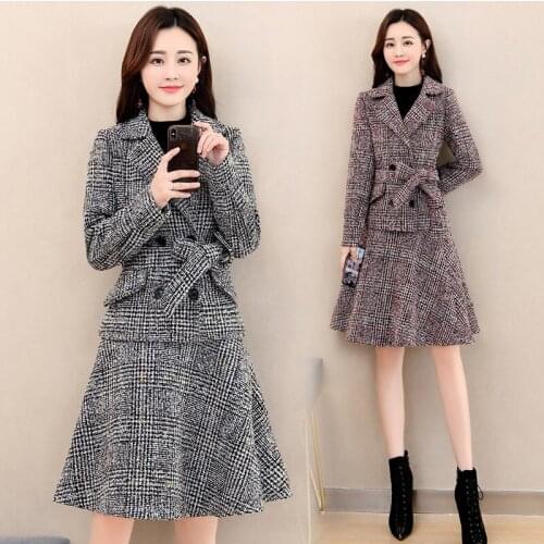 Womens suits 2019 autumn new womens large size double-breasted pink suit jacket bag hip split half-length skirt two-piece