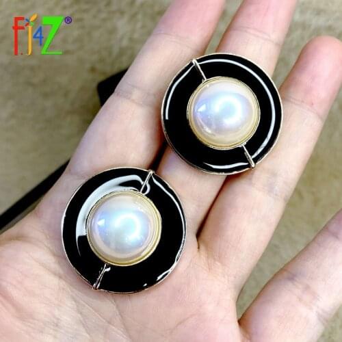 F.J4Z Trend Womens Statement Earrings Hot 2021 Enamel Round Simulated Pearl Stud Earring Lady Special Anniversary Gifts