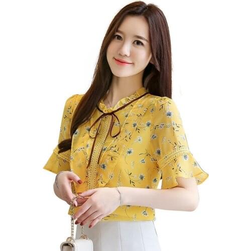 Womens Spring Summer Style Chiffon Blouses Shirts Womens Turtleneck Bow Printed Short Sleeve Korean Tops SP593
