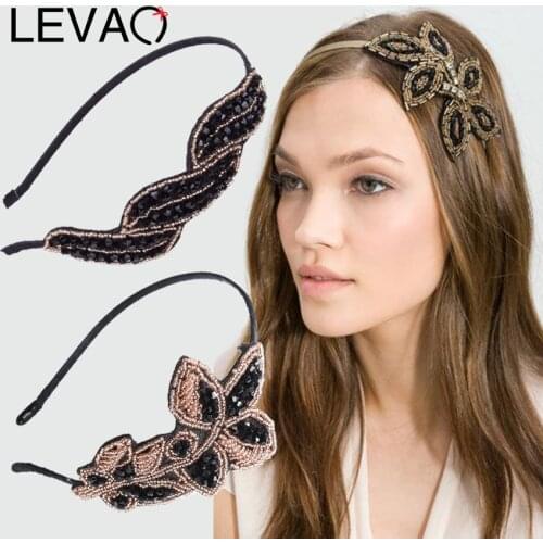 Levao Chic Black Crystal Weaving Headband Lady Fashion Beaded Flower/Leaf Shaped Head Hoop Bezel Hair Bands for Women Headwear
