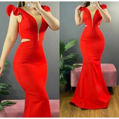 Elegant Mermaid Red V-Neck Ruffled Evening Dresses Long Zipper Back Satin Abendkleider Robes de Soirée for Women