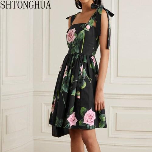Fashion Runway Elegant Dress 2020 SummerWomens Bow Spaghetti Strap Black Vintage Rose Floral Print Short Dress