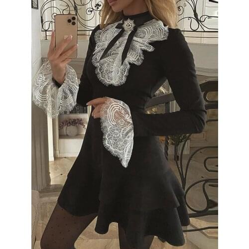 2021 Women Fashion Elegant Sexy Long Sleeve Eyelash Lace Bell Sleeve Ruffles Dress OL Classic Romantic Patchwork Mini Dress