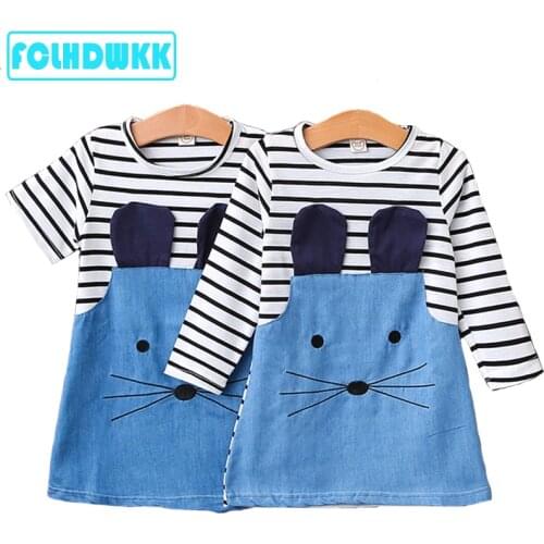 2018 New Summer Striped Patchwork Character Girl Dresses Long Sleeve Children Clothing Kids Girls Dress Denim Kids Clothes 9 10Y