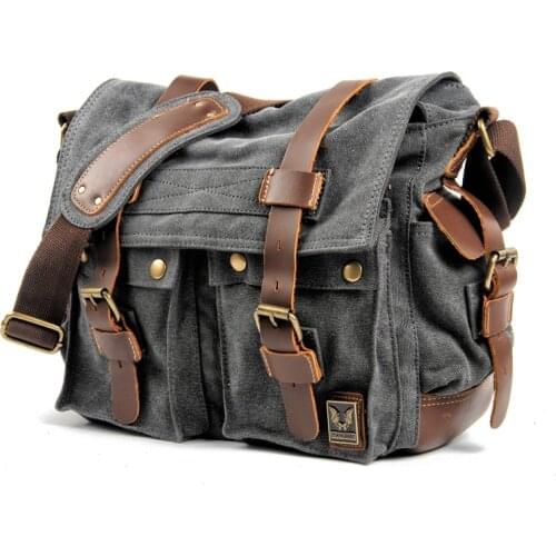 Canvas leather postage bag Single Shoulder Bag Satchel Bag, military travel female student, boy, girl, , 14 inch Laptop bag