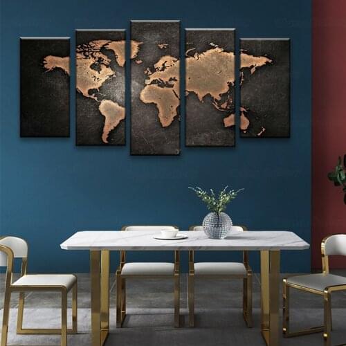 Paintings HD Abstract Canvas For Living Room Wall Art Poster 5 Pieces Retro World Map Decoration Pictures Modular Frame