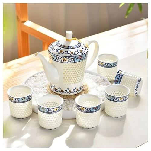 China green flower porcelain exquisite tea cup pot Jingdezhen honeycomb hollowed ceramic Kung Fu tea set teapot coffee suit