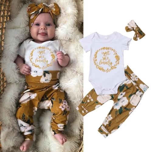 Newborn Baby Girls Tops Romper Floral Pants Outfit Set 3pcs Clothes