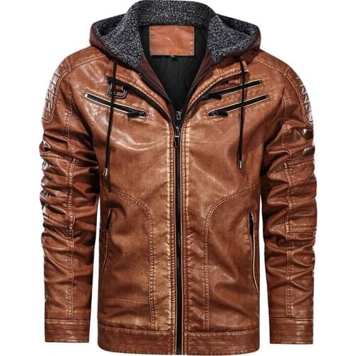 EU Size New Retro Mens Leather Jacket Autumn Winter Multi-zippers Motorcycle Jacket Men Casual PU Outerwear Hat Detachable