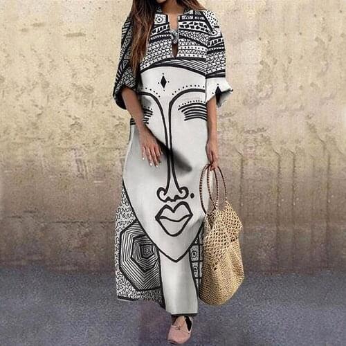 Summer Fashion Face Print Design Loose High Waist Elegant Beach Party Long Dress Autumn Three Quarter Womens Clothing Plus Size