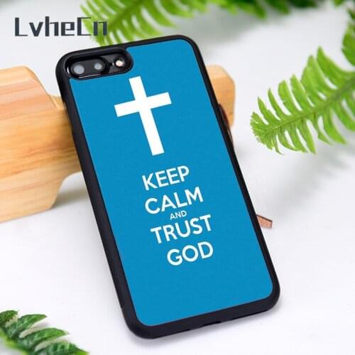 LvheCn Silicone Rubber Phone Case Cover for iPhone 6 6S 7 8 Plus X XS XR 11 12 Mini Pro Max Keep Calm Trust God Blue Religious