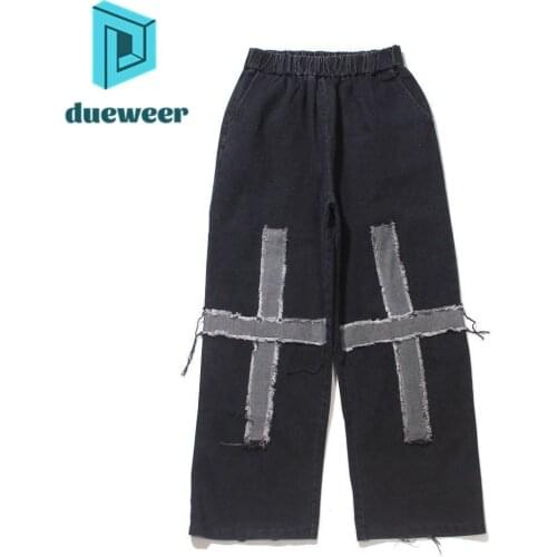 DUEWEER Mens Jeans Spring Autumn Tassel Cross Baggy Wide Leg Straight Trousers Distressed Plus Size Casual Hip Hop Denim Pants