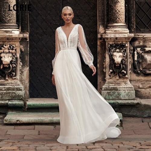 LORIE 2021 New Bohomia Lace Wedding Dresses Elegant Long Puffy Sleeve Beach Tulle Bridal Gowns V-Neck Open Back Princess Dress